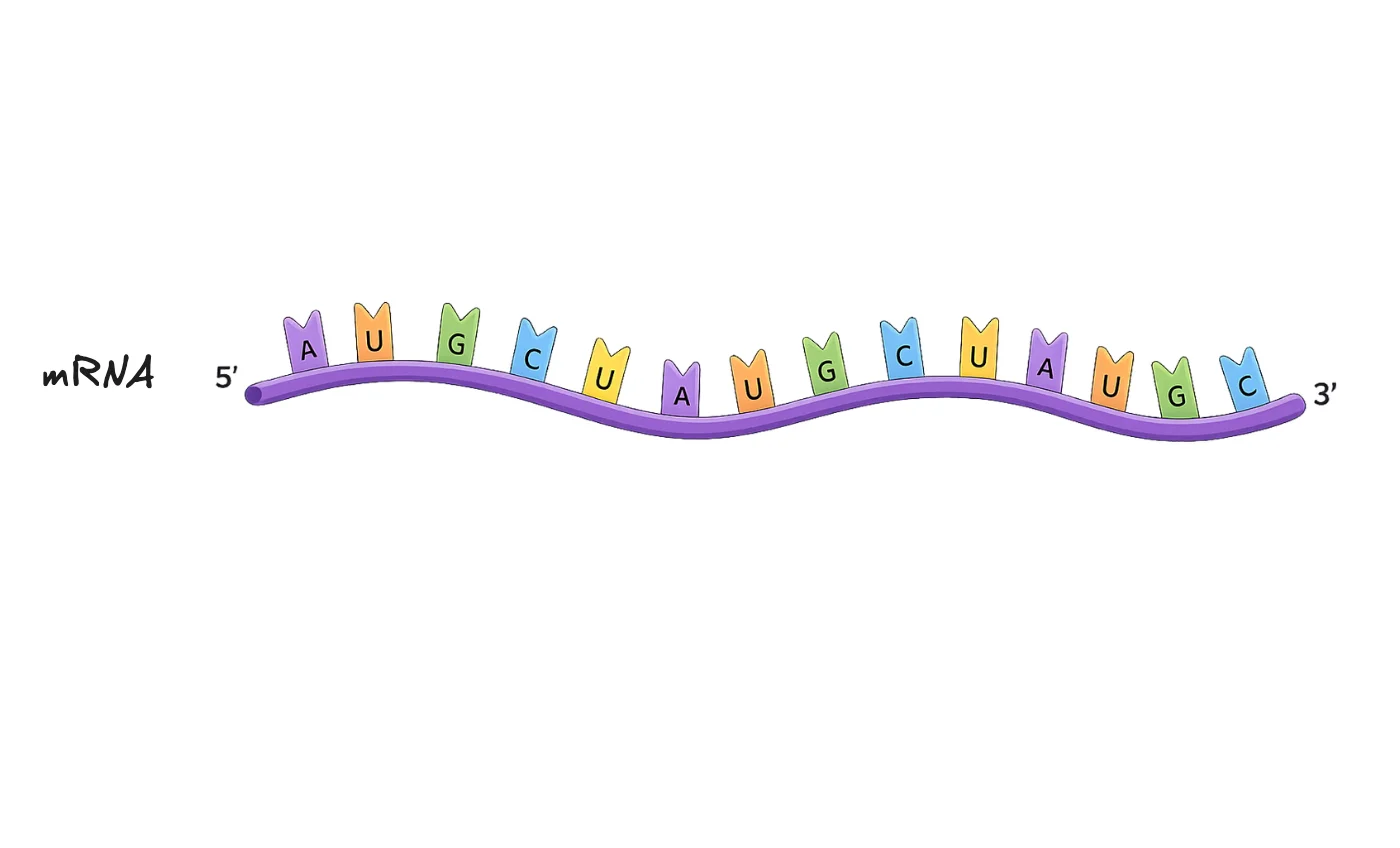 A single-stranded mRNA molecule with a sequence of bases including uracil, read in codons from the 5′ end to the 3′ end