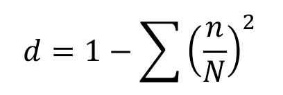 d = 1 minus the sum of (n over N) squared